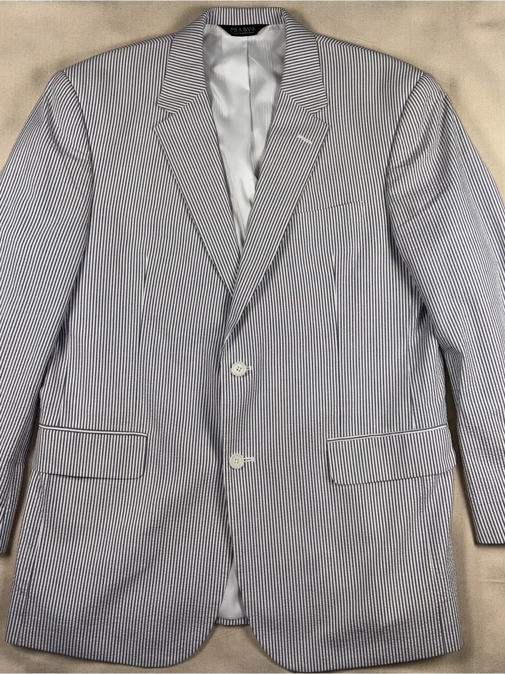 Jos A Bank 44R Seersucker Sport Coat Blue White 100% Cotton Stays Cool Blazer